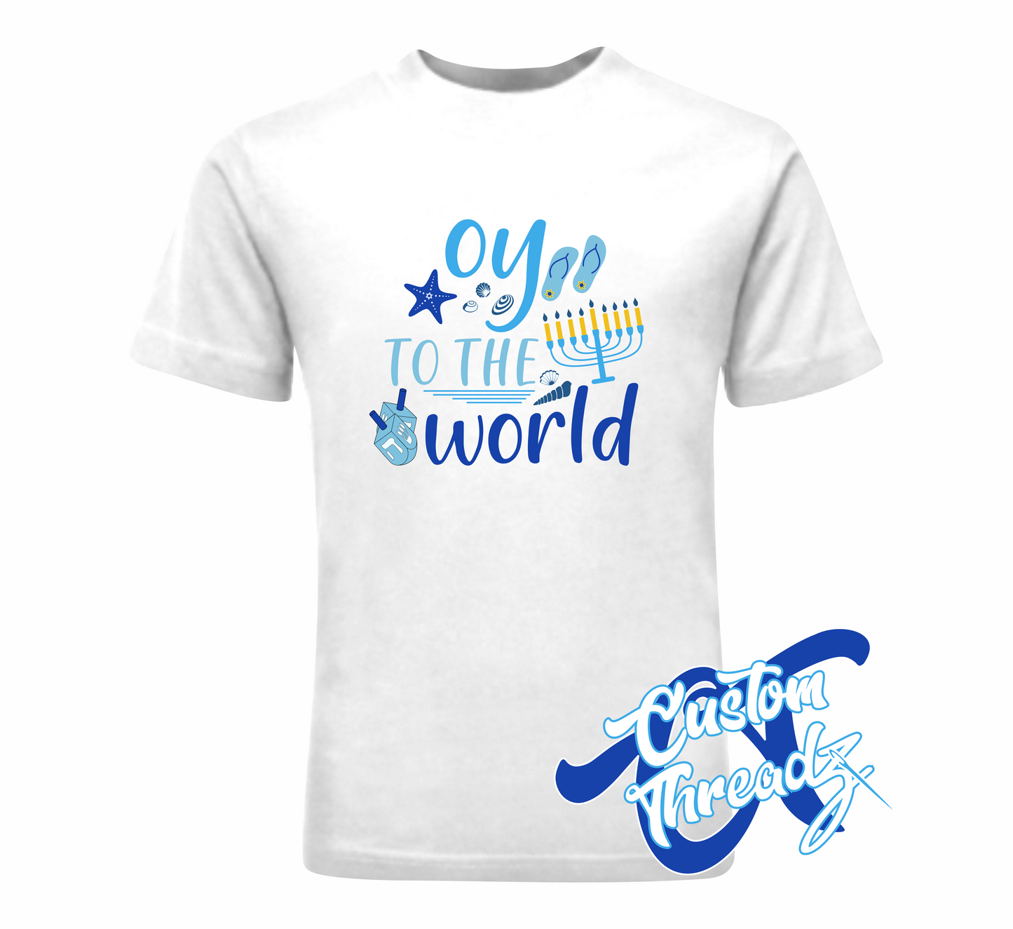 white t-shirt with oy to the world hanukkah beach DTG printed design