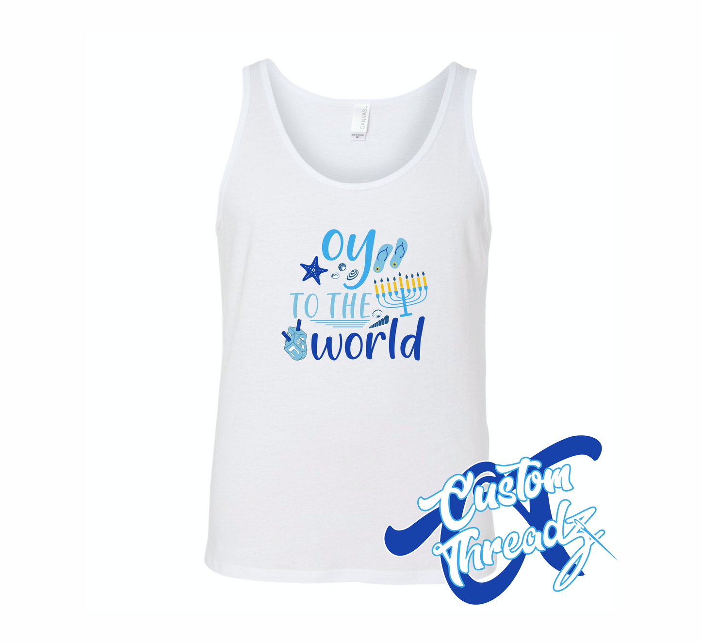 white tank top with oy to the world hanukkah beach DTG printed design