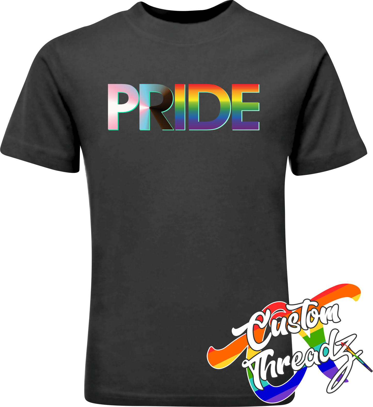 black tee with progress pride flag DTG printed design