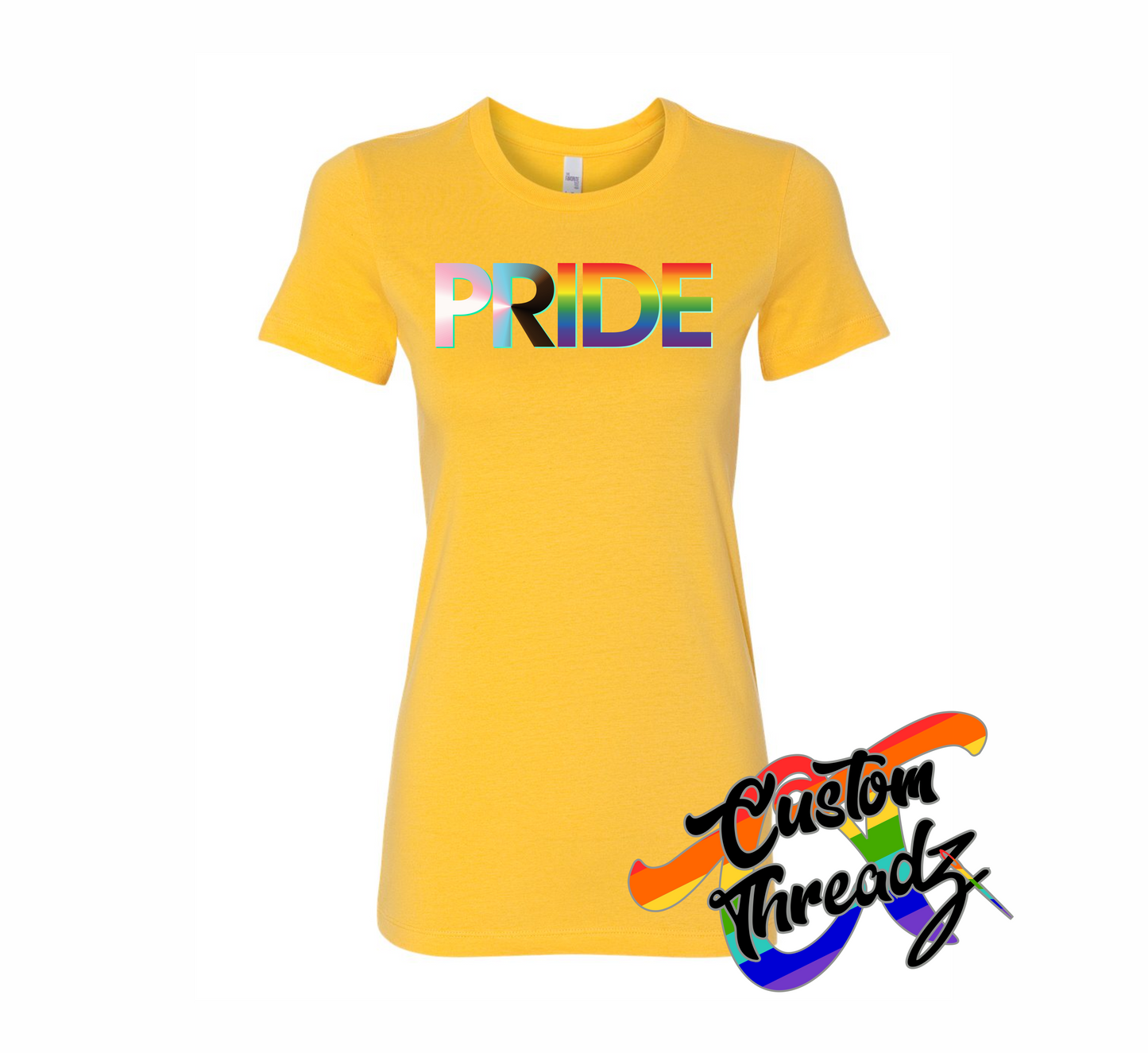 yellow womens tee with progress pride flag rainbow DTG printed design