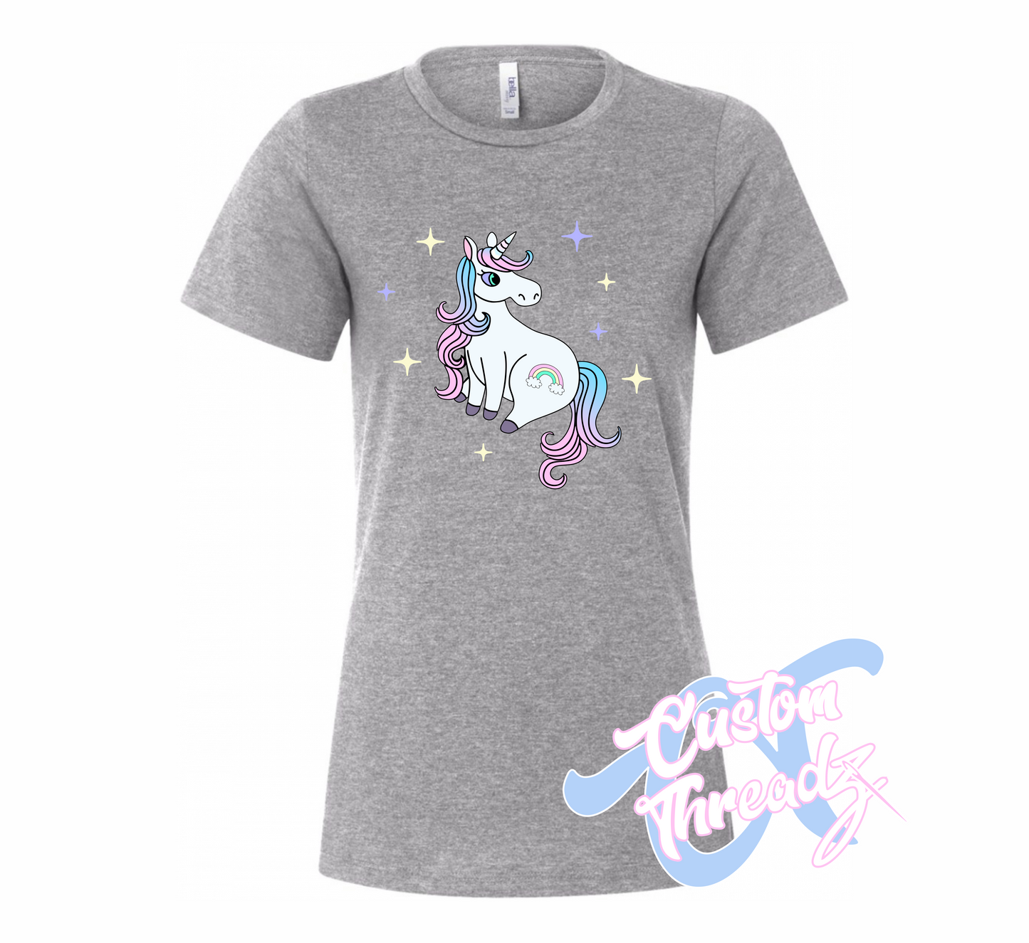 athletic heather grey womens tee with unicorn rainbow DTG printed design