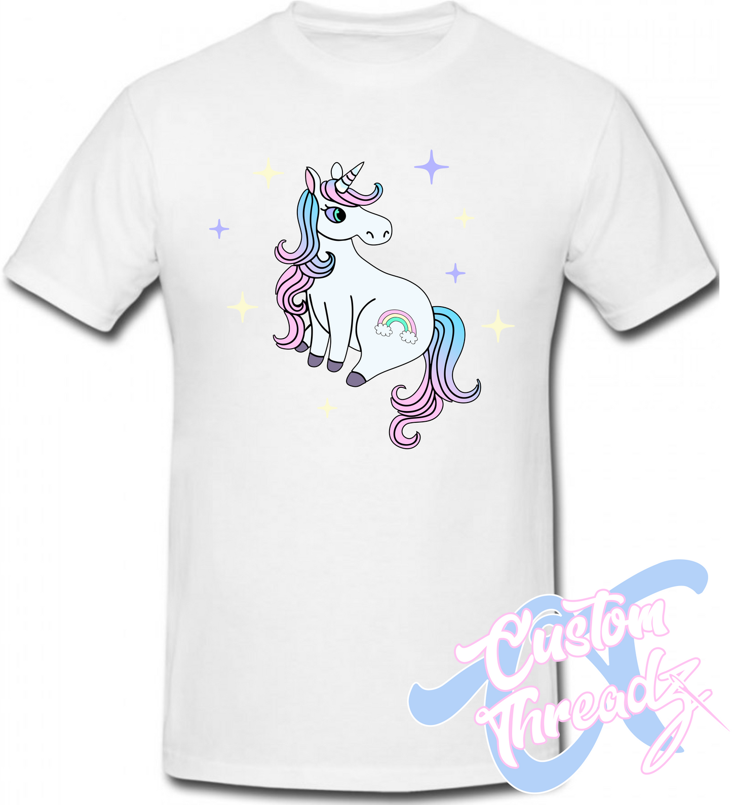 white tee with cute rainbow unicorn DTG printed design