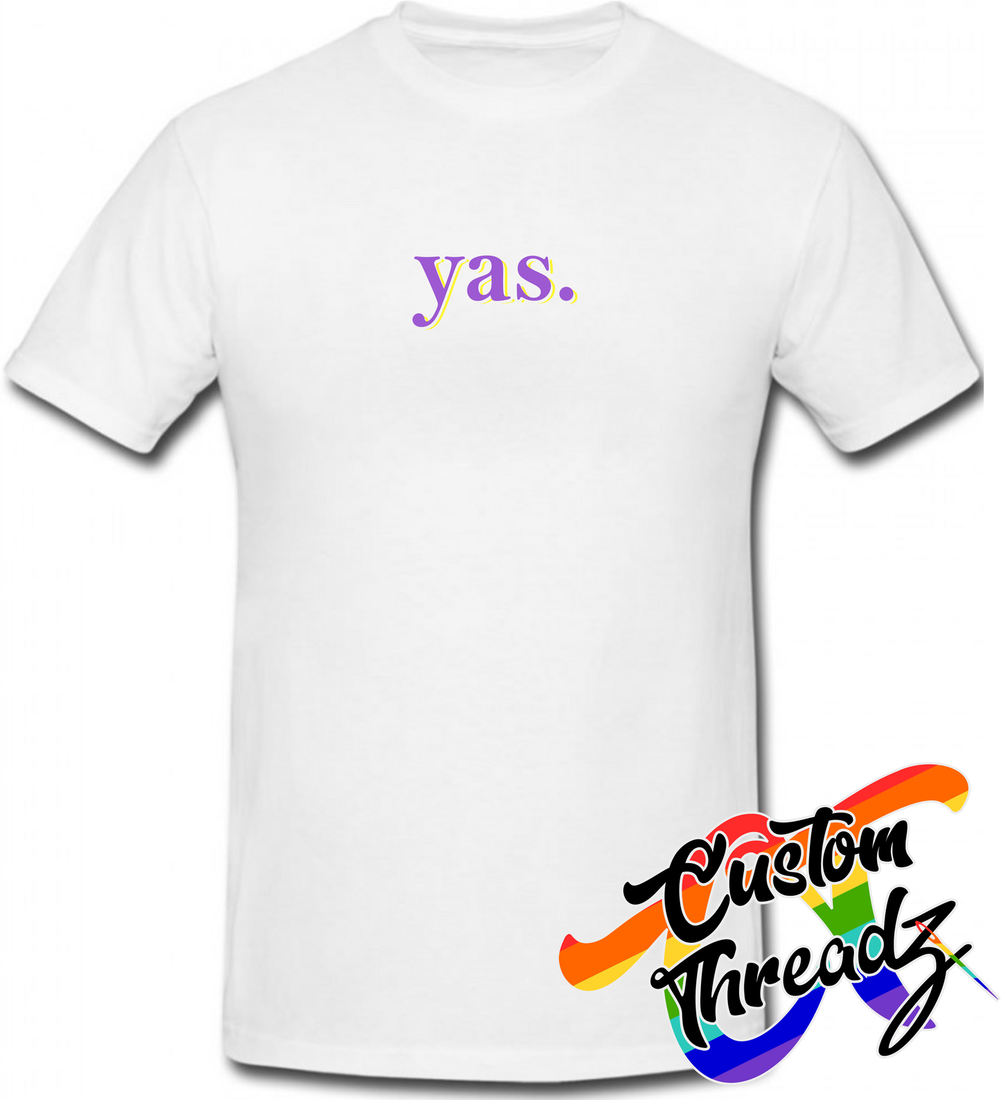 white tee with yas DTG printed design