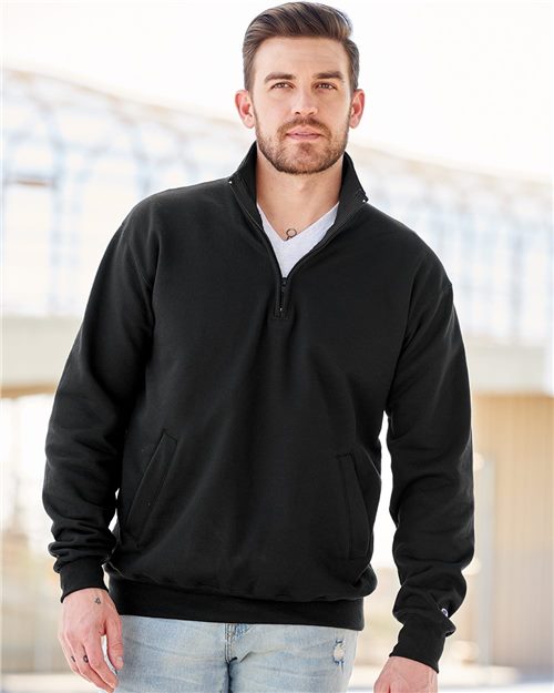 model wearing champion powerblend 1/4-qip pullover in black