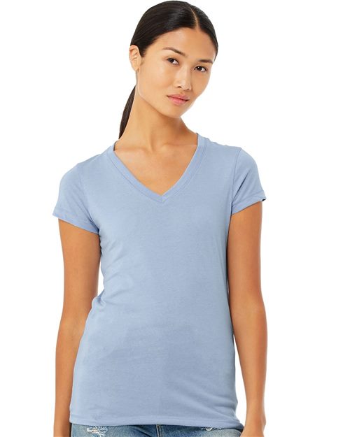 model wearing bella+canvas womens v-neck tee in baby blue