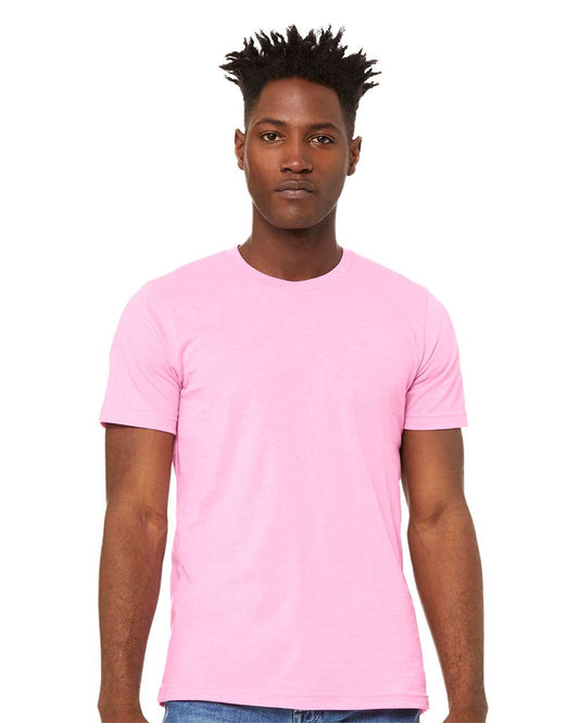 male model wearing pink bella+canvas cvc short sleeve tee
