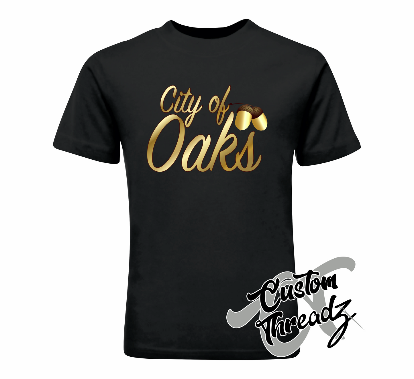 black tee with city of oaks raleigh nc DTG printed design