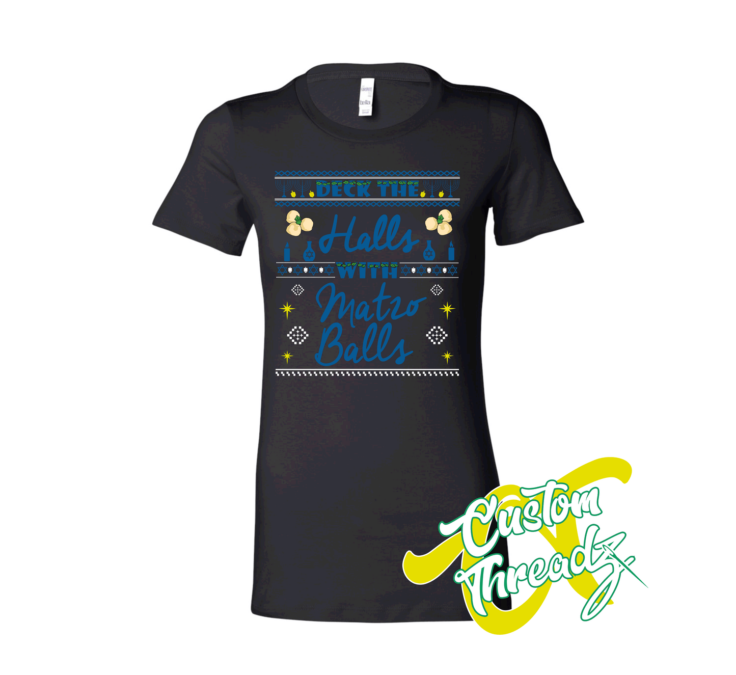 black womens tee with deck the halls with matzo balls hanukkah DTG printed design