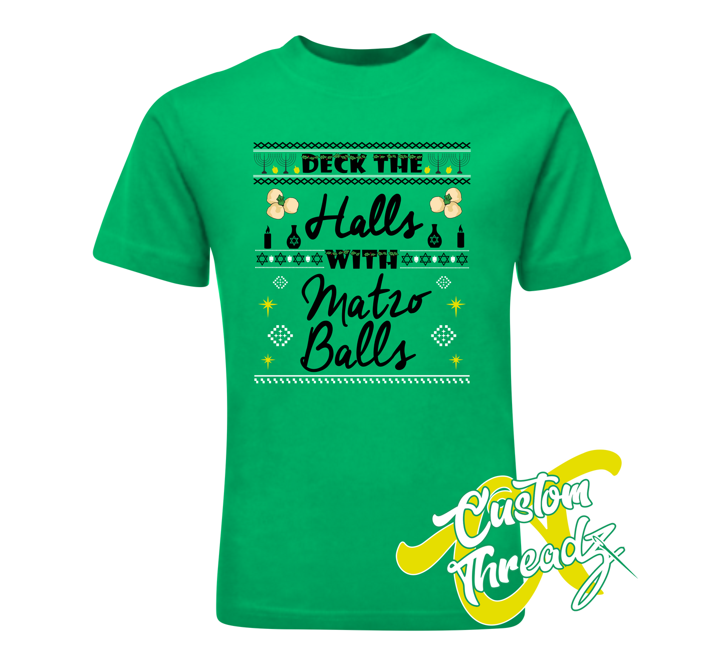 green tee with deck the halls with matzo balls hanukkah DTG printed design