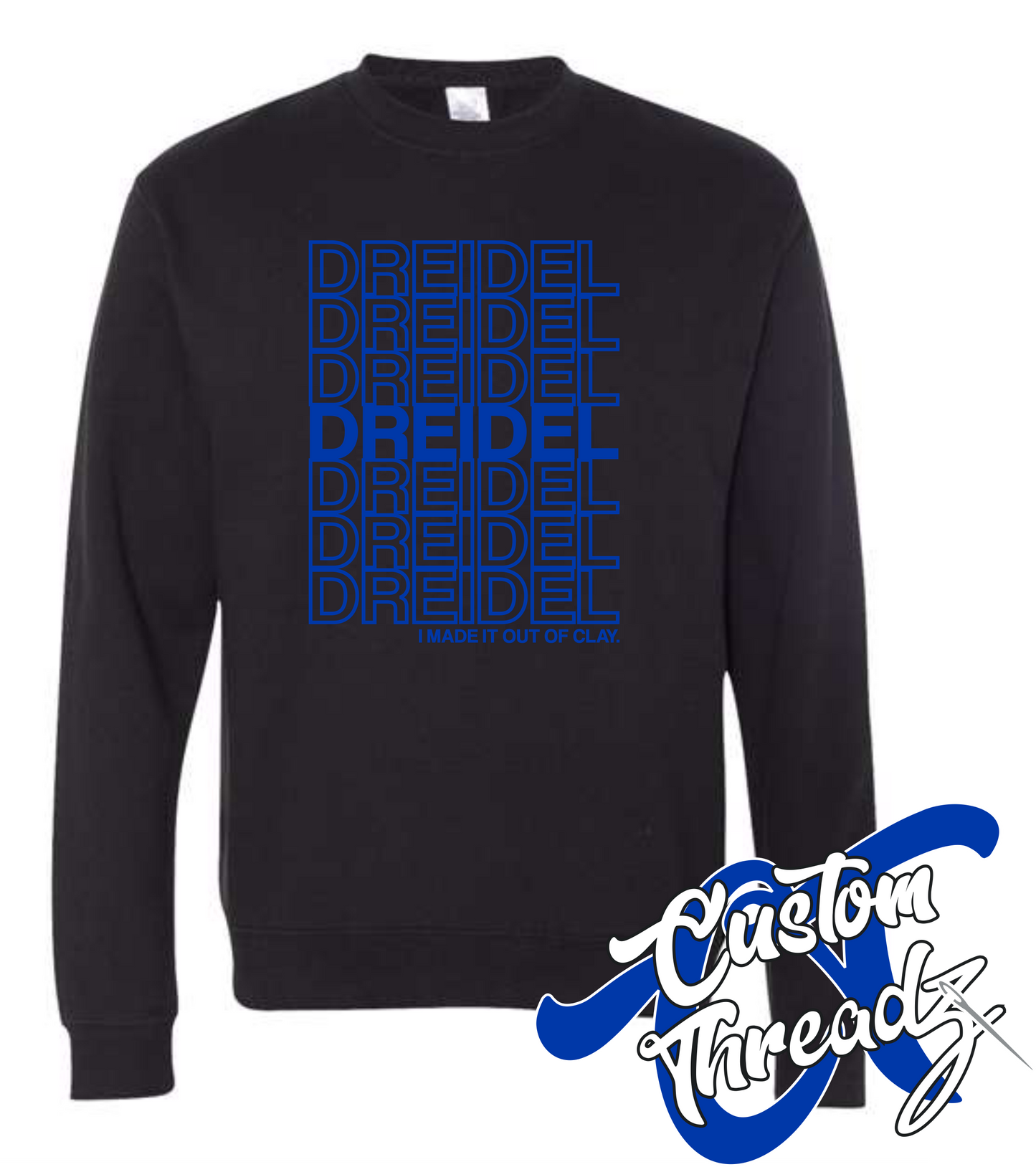 black crewneck sweatshirt with hanukkah dreidel DTG printed design