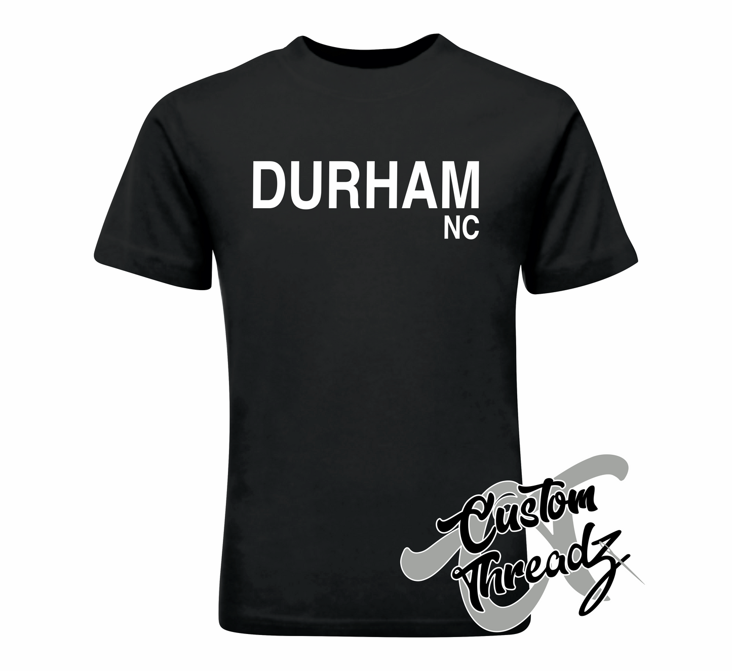 black tee with durham nc DTG printed design