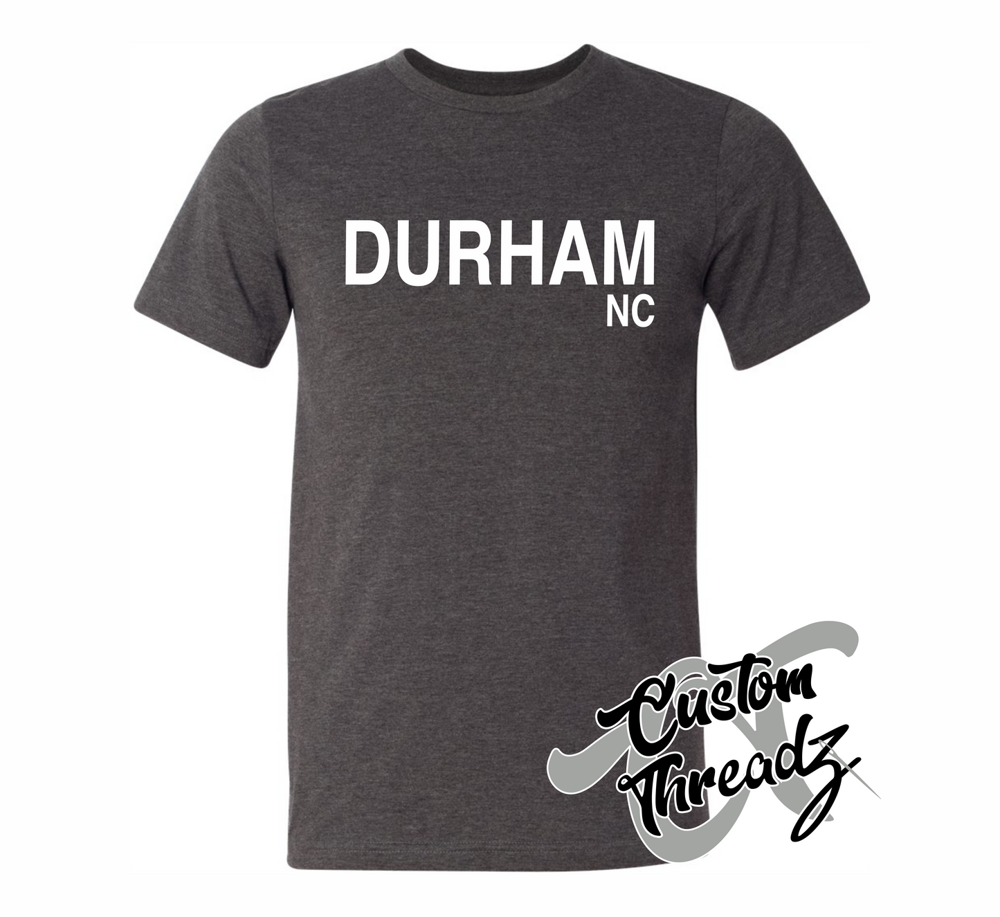 dark heather grey tee with durham nc DTG printed design