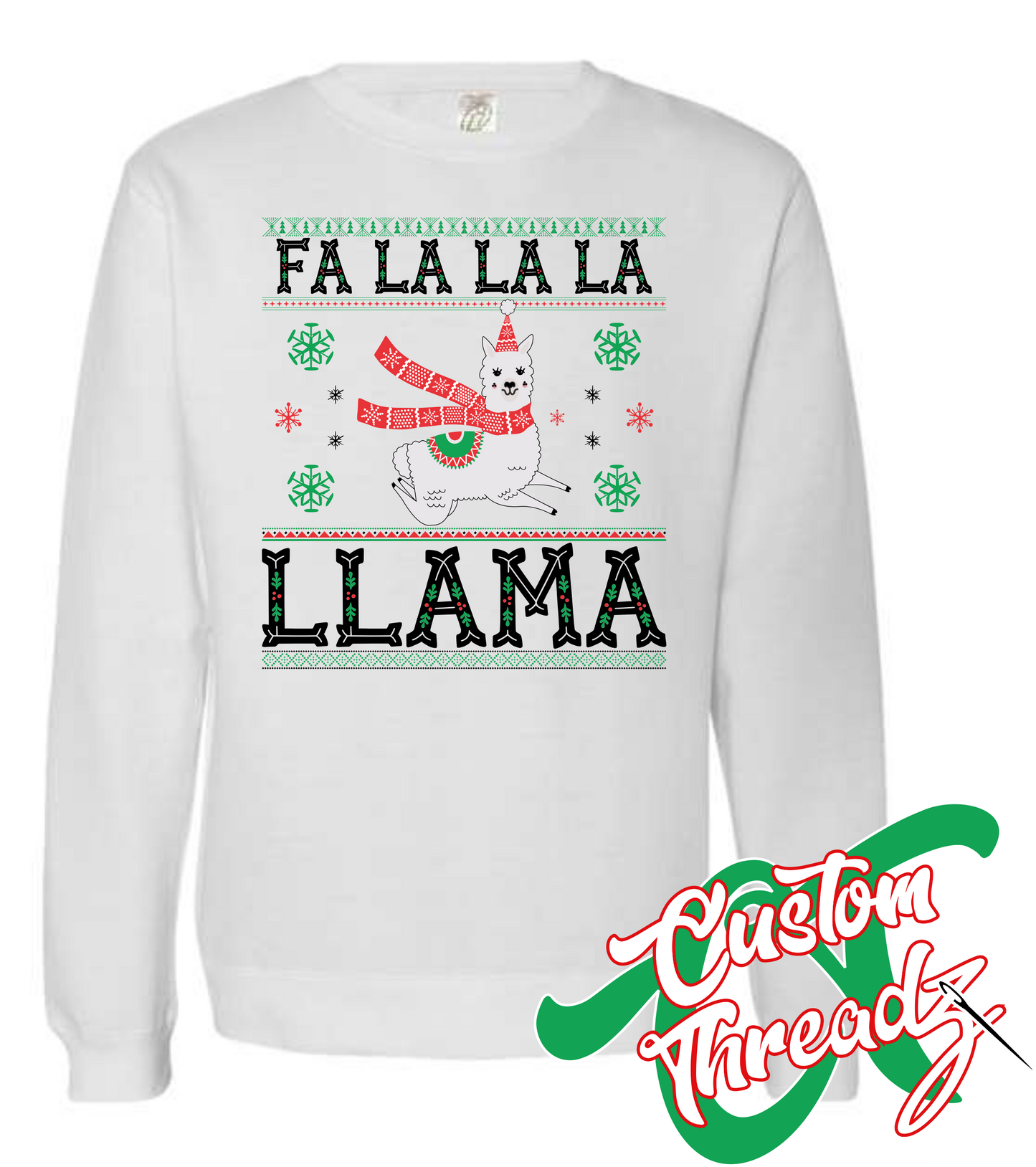 white crewneck sweatshirt christmas fa la llama DTG printed design