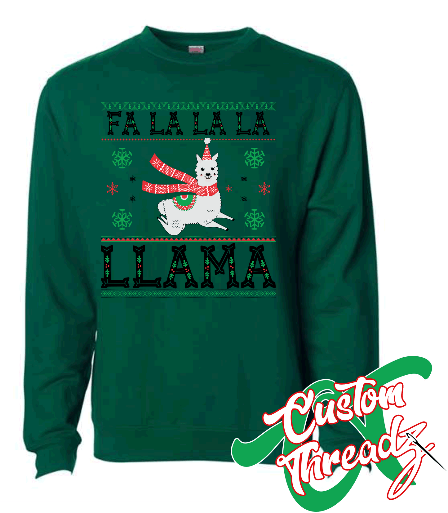 green crewneck sweatshirt christmas fa la llama DTG printed design