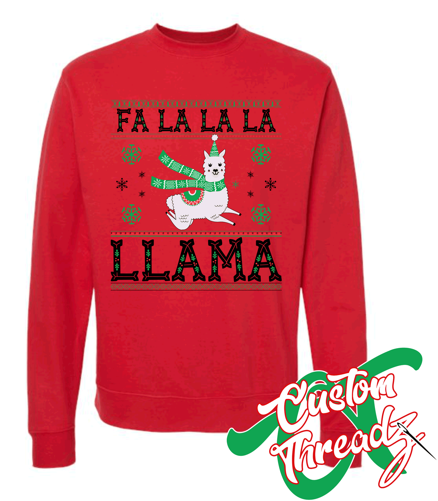 red crewneck sweatshirt christmas fa la llama DTG printed design
