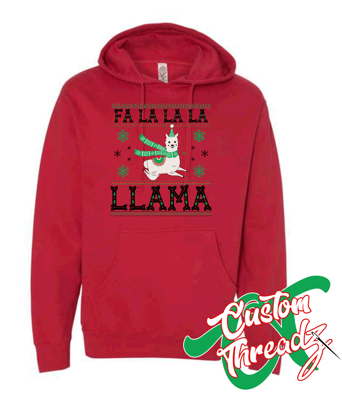 red hoodie christmas fa la llama DTG printed design