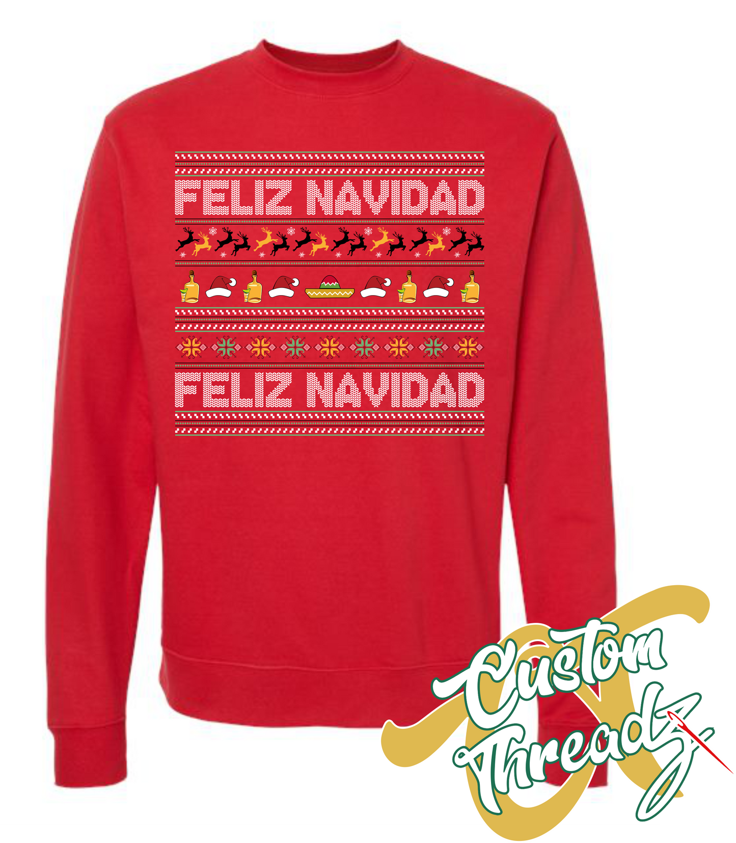red crewneck sweatshirt christmas feliz navidad DTG printed design