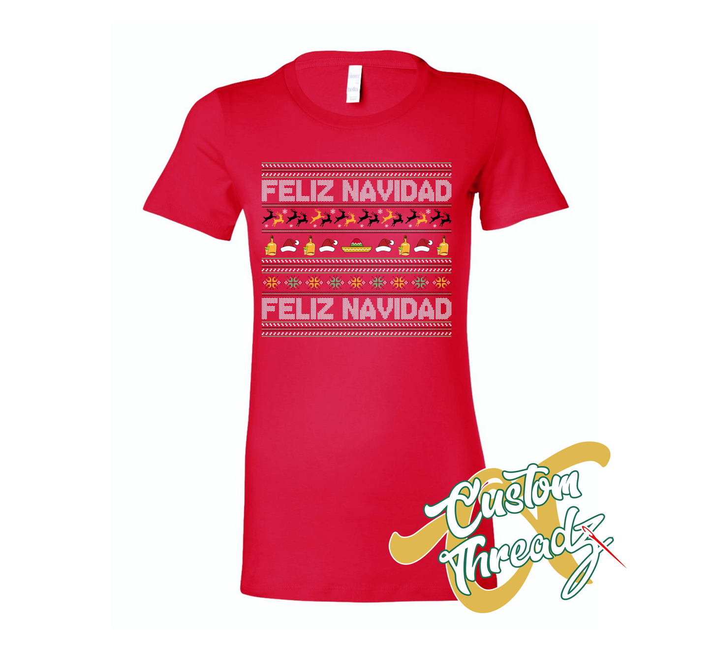 red womens tee with feliz navidad christmas sweater style DTG printed design