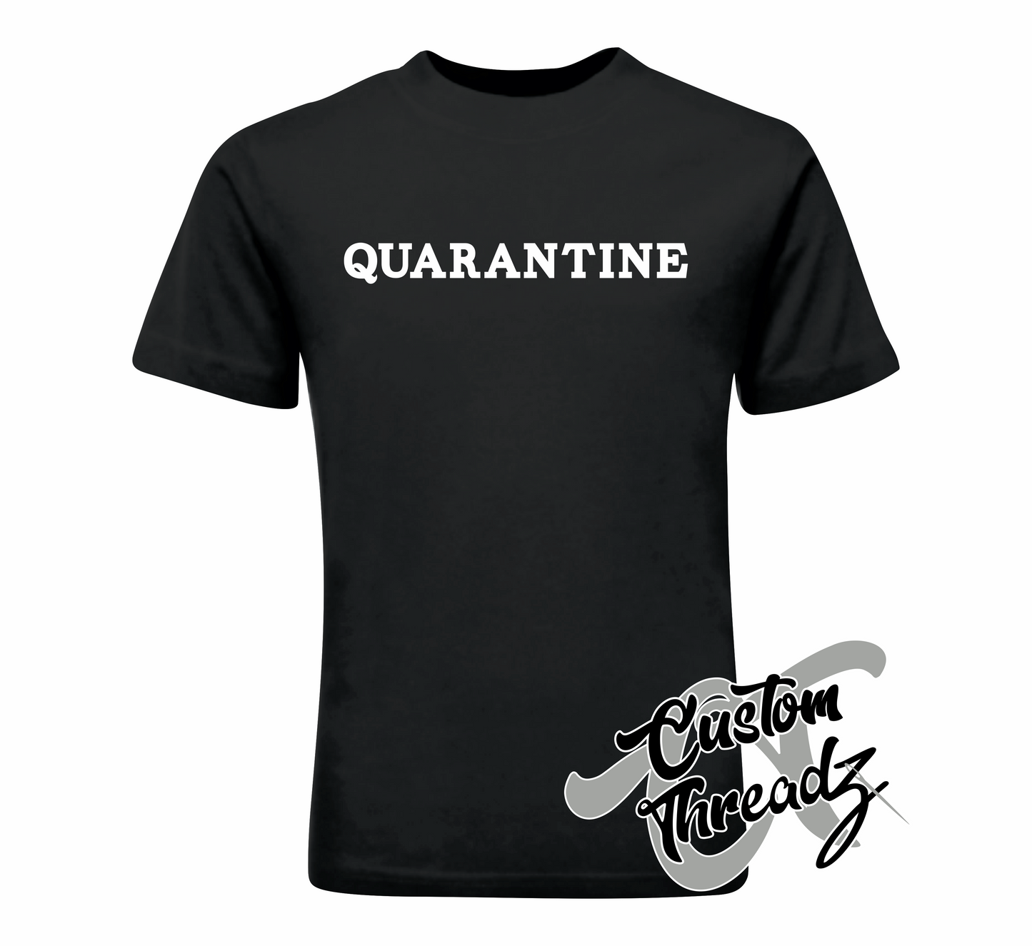 black tee with quarantine DTG printed design
