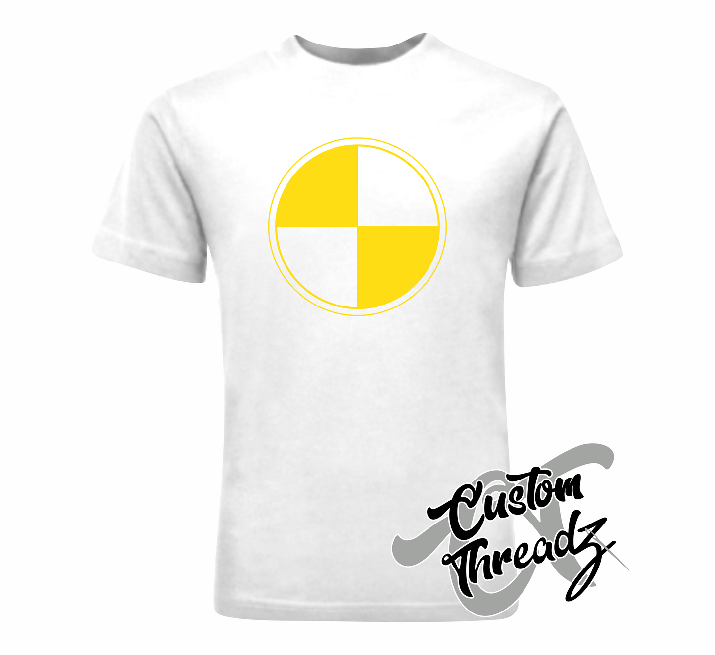 white tee with yellow quarantine symbol DTG printed design
