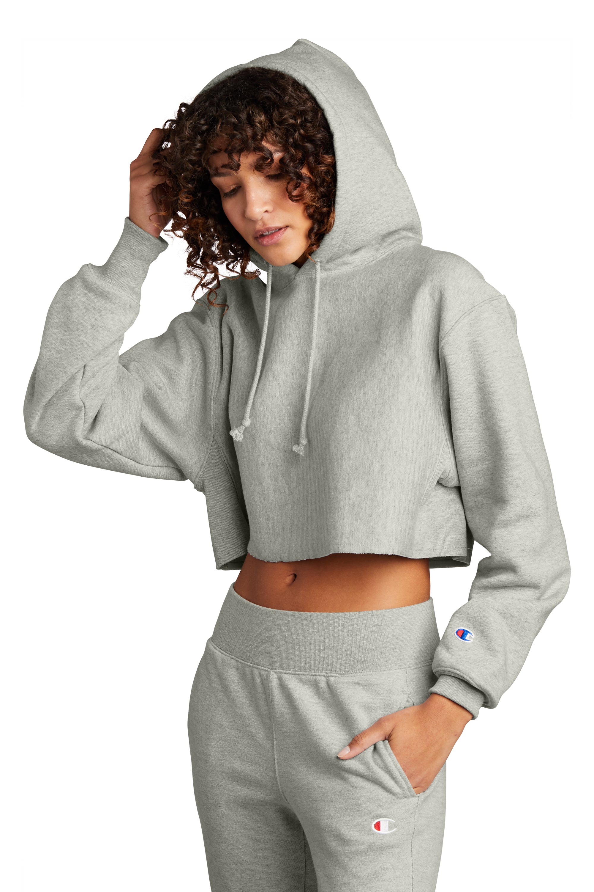 Custom Threadz LLC RW01W Champion Women s Reverse Weave Cropped Cut Off Hooded Sweatshirt Charcoal Heather