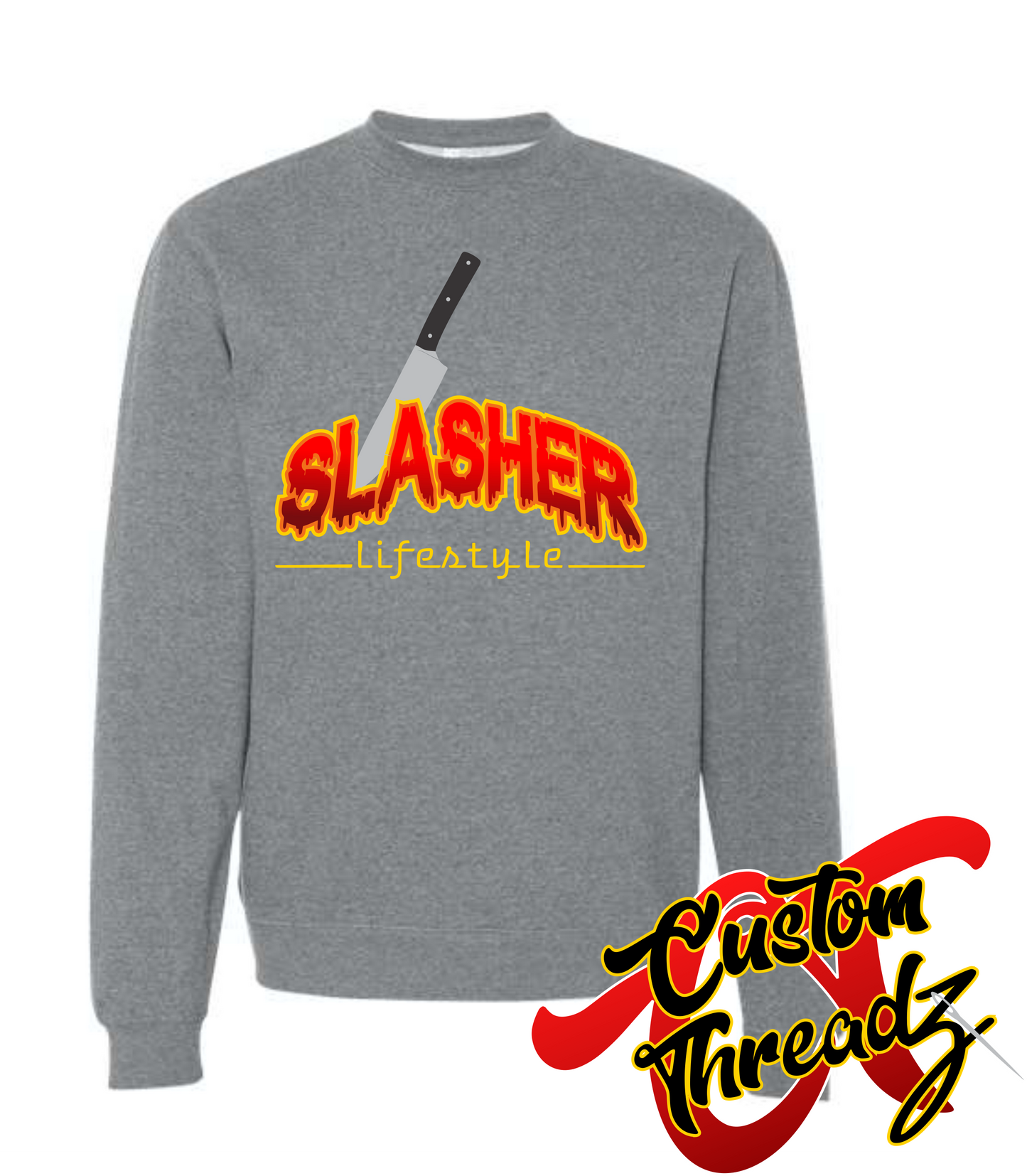 gunmetal grey crewneck sweatshirt with halloween slasher thasher DTG printed design