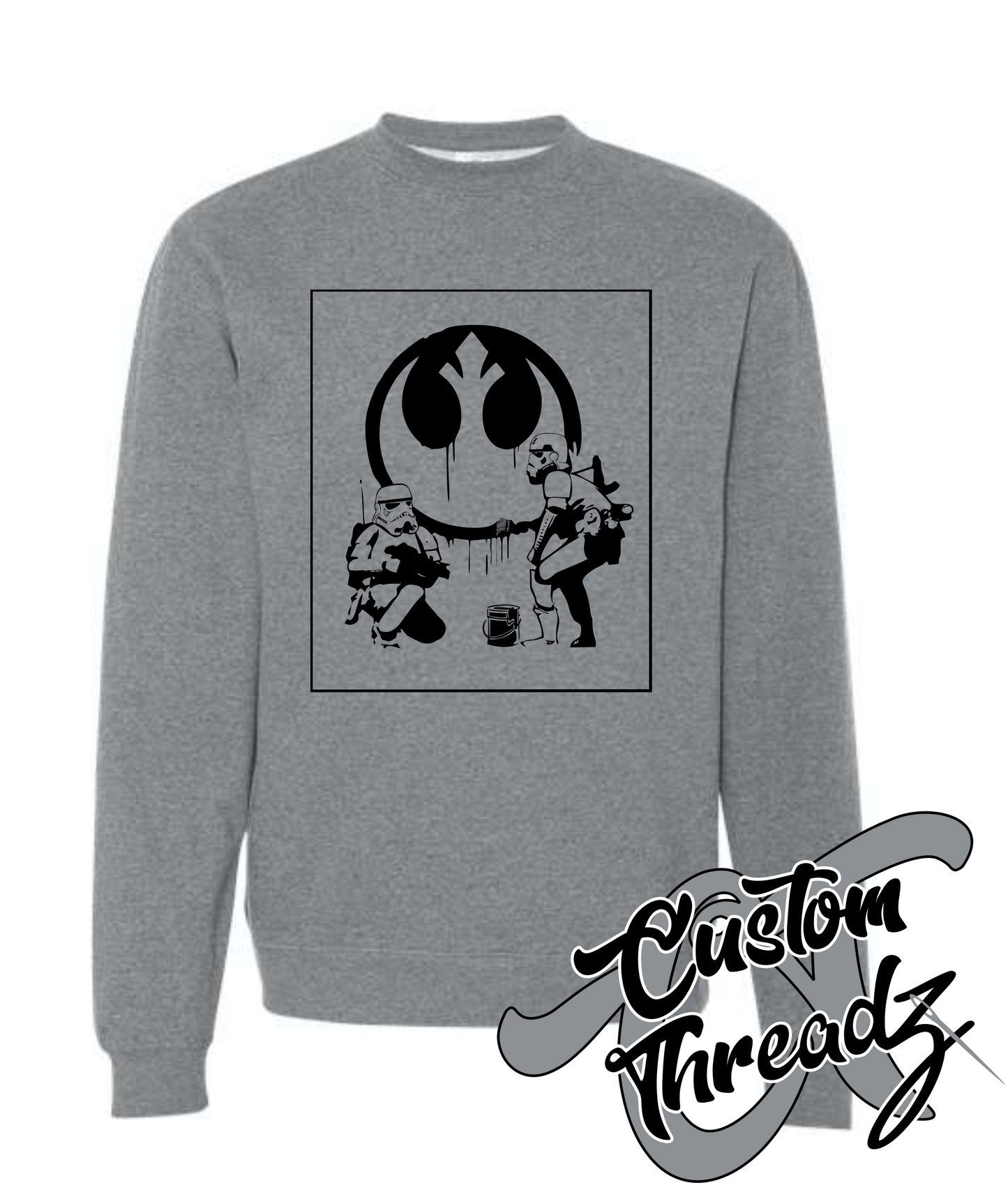 gunmetal heather crewneck sweatshirt with rebel alliance stormtroopers star wars DTG printed design