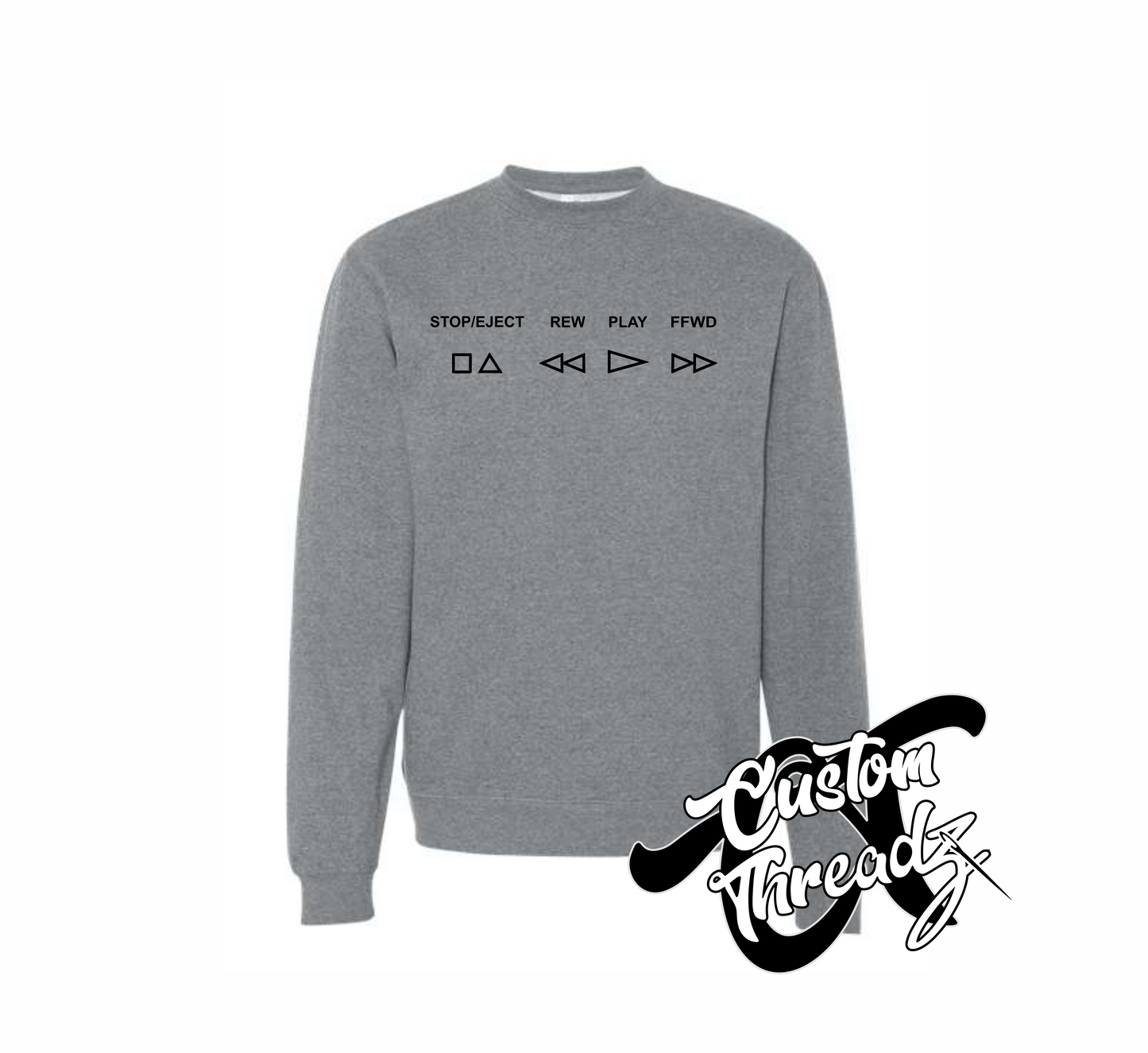 gunmetal heather grey crewneck sweatshirt with VCR buttons stop eject rew play ffwd DTG printed design