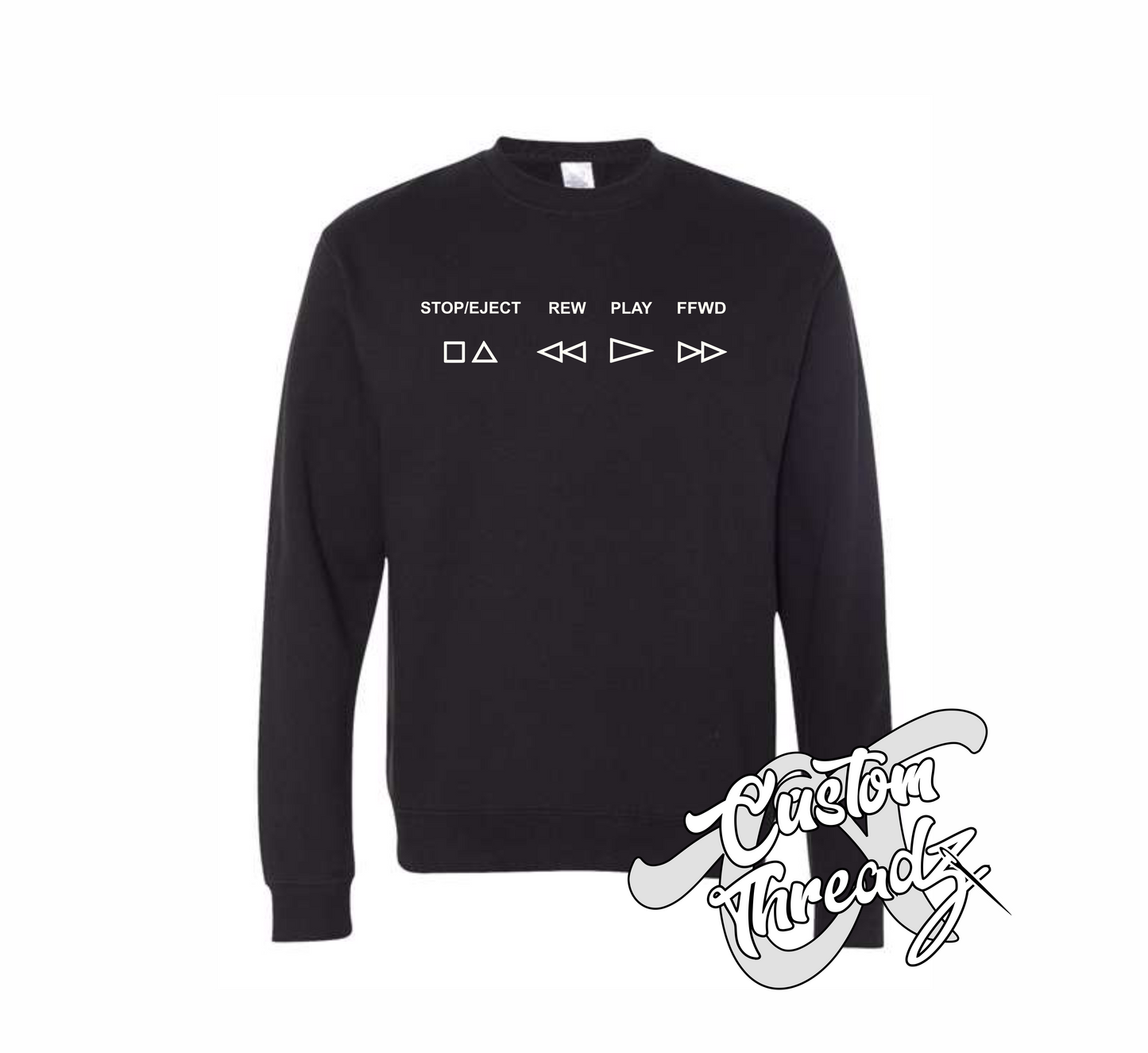 black crewneck sweatshirt with VCR buttons stop eject rew play ffwd DTG printed design