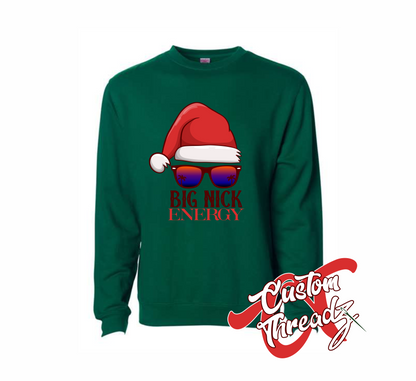 green crewneck sweatshirt with big nick energy DTG printed design