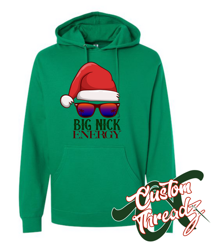 green hooded sweatshirt with big nick energy DTG printed design