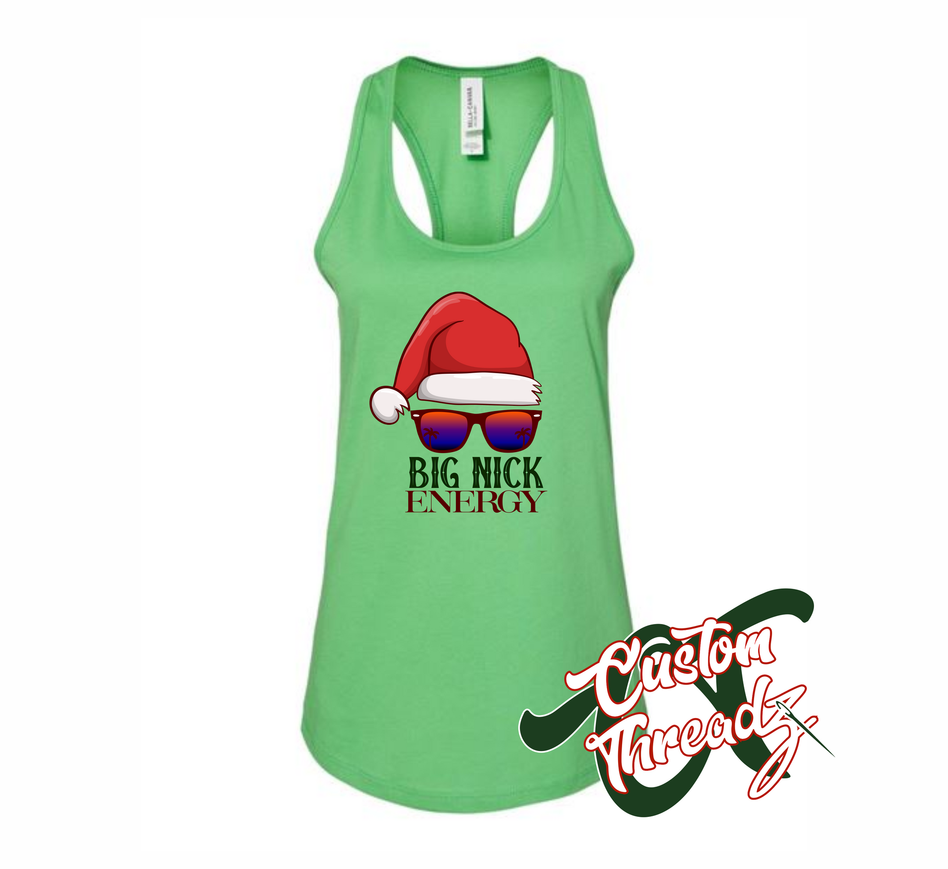 women's green tank top with big nick energy DTG printed design