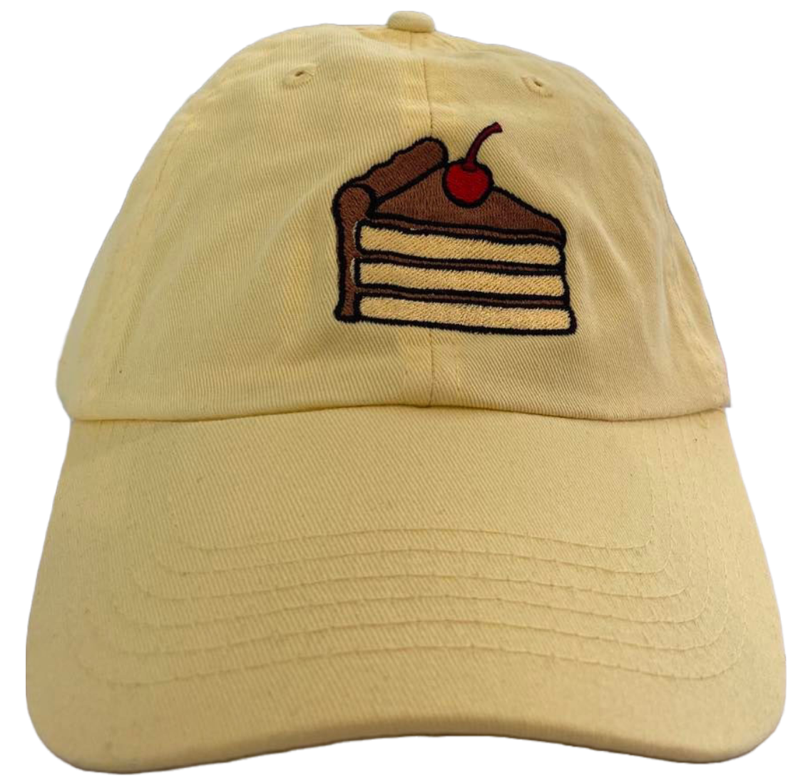 butter yellow dad cap with chocolate slice of cake embroidery