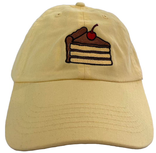butter yellow dad cap with chocolate slice of cake embroidery