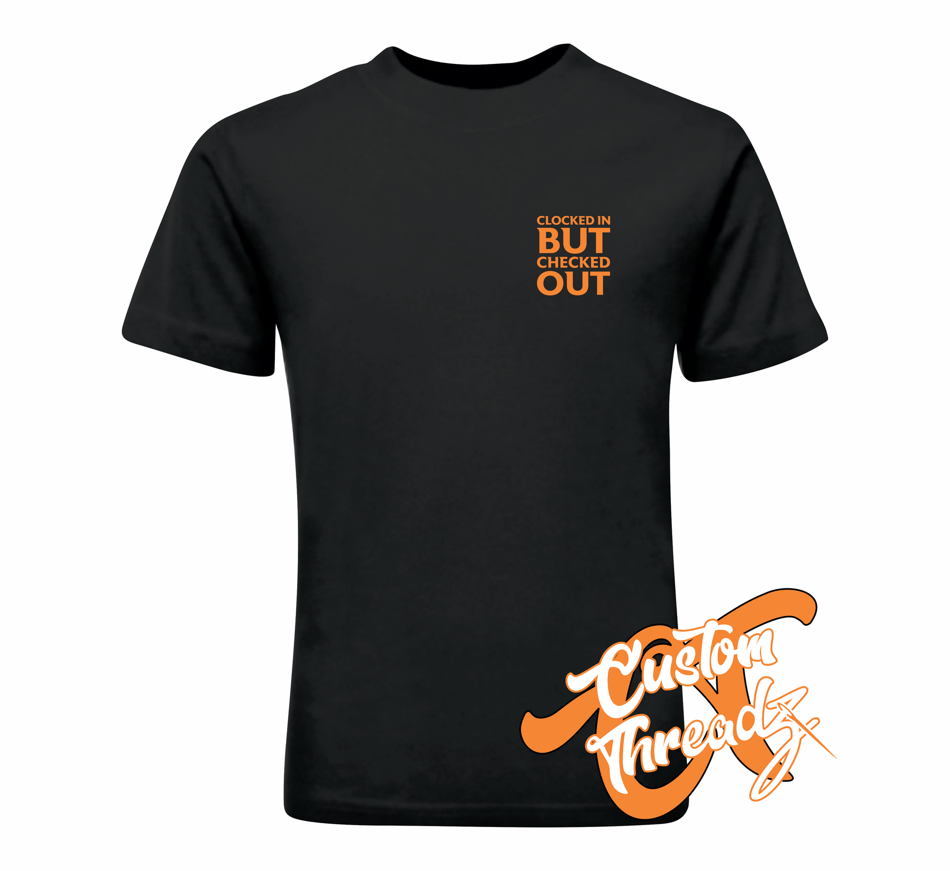 black t-shirt with clocked in but checked out DTG printed design