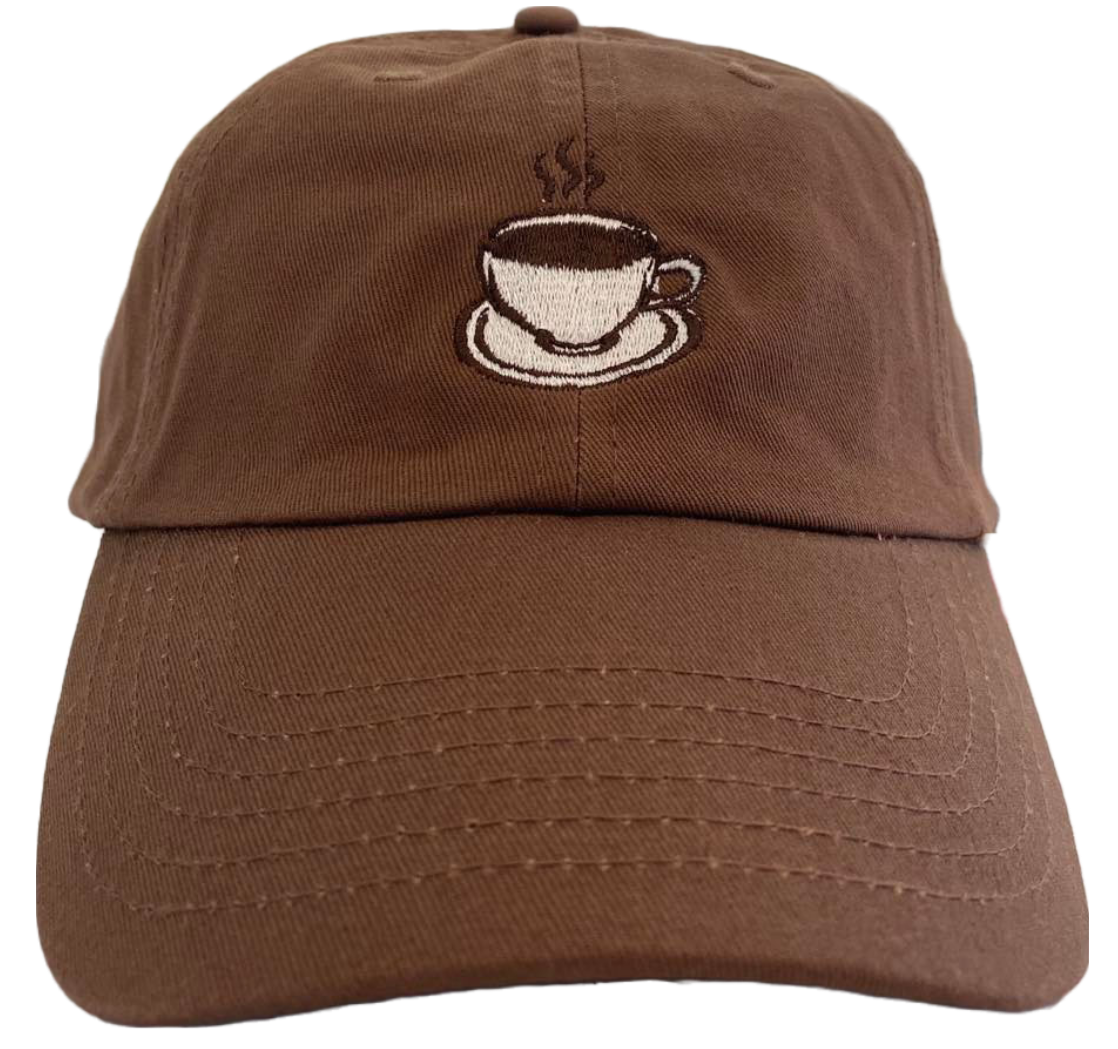 brown dad cap with cup of coffee embroidered