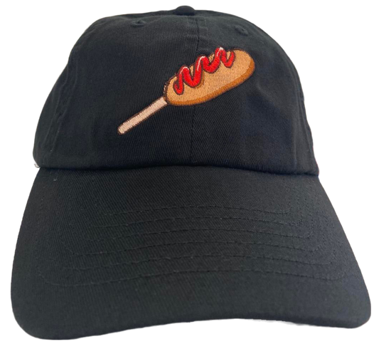 black dad cap with corn dog embroidered