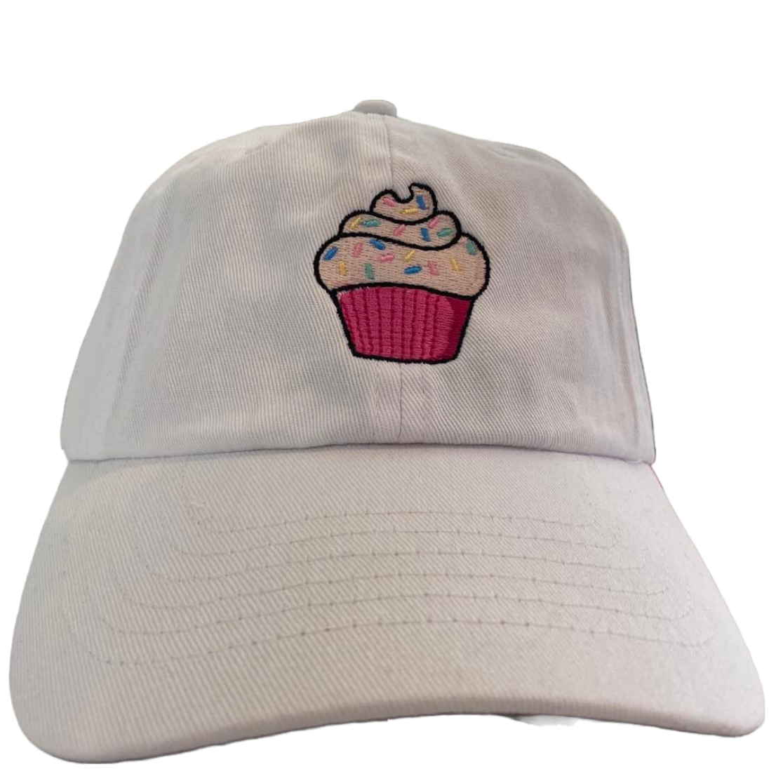 white dad hat with cupcake embroidery