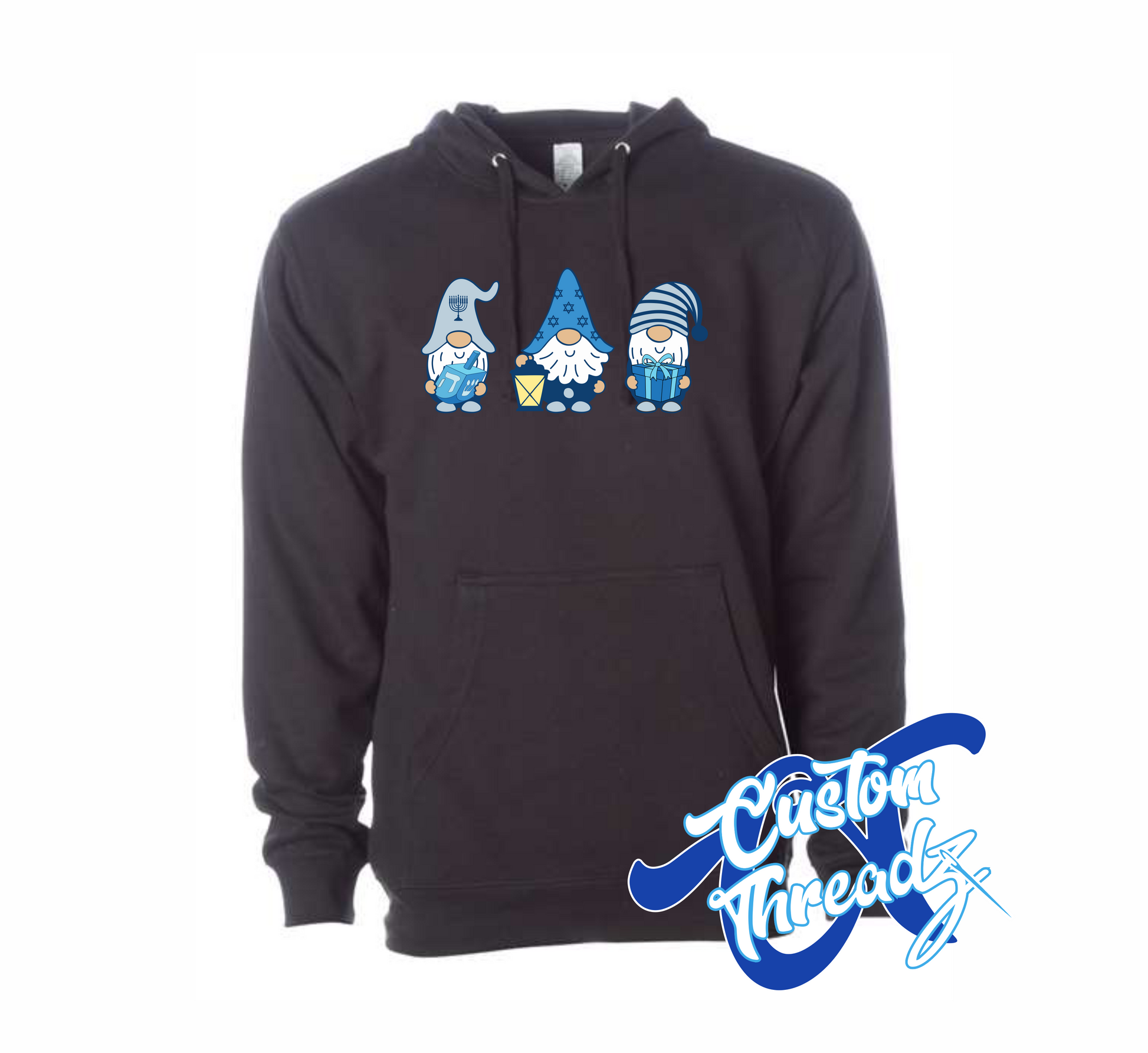 black hoodie with hanukkah gnomes DTG printed design