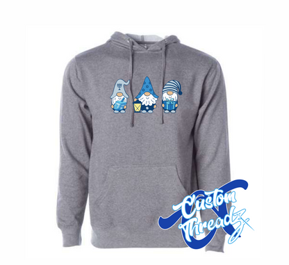gunmetal heather grey hooded sweatshirt with hanukkah gnomes DTG printed design