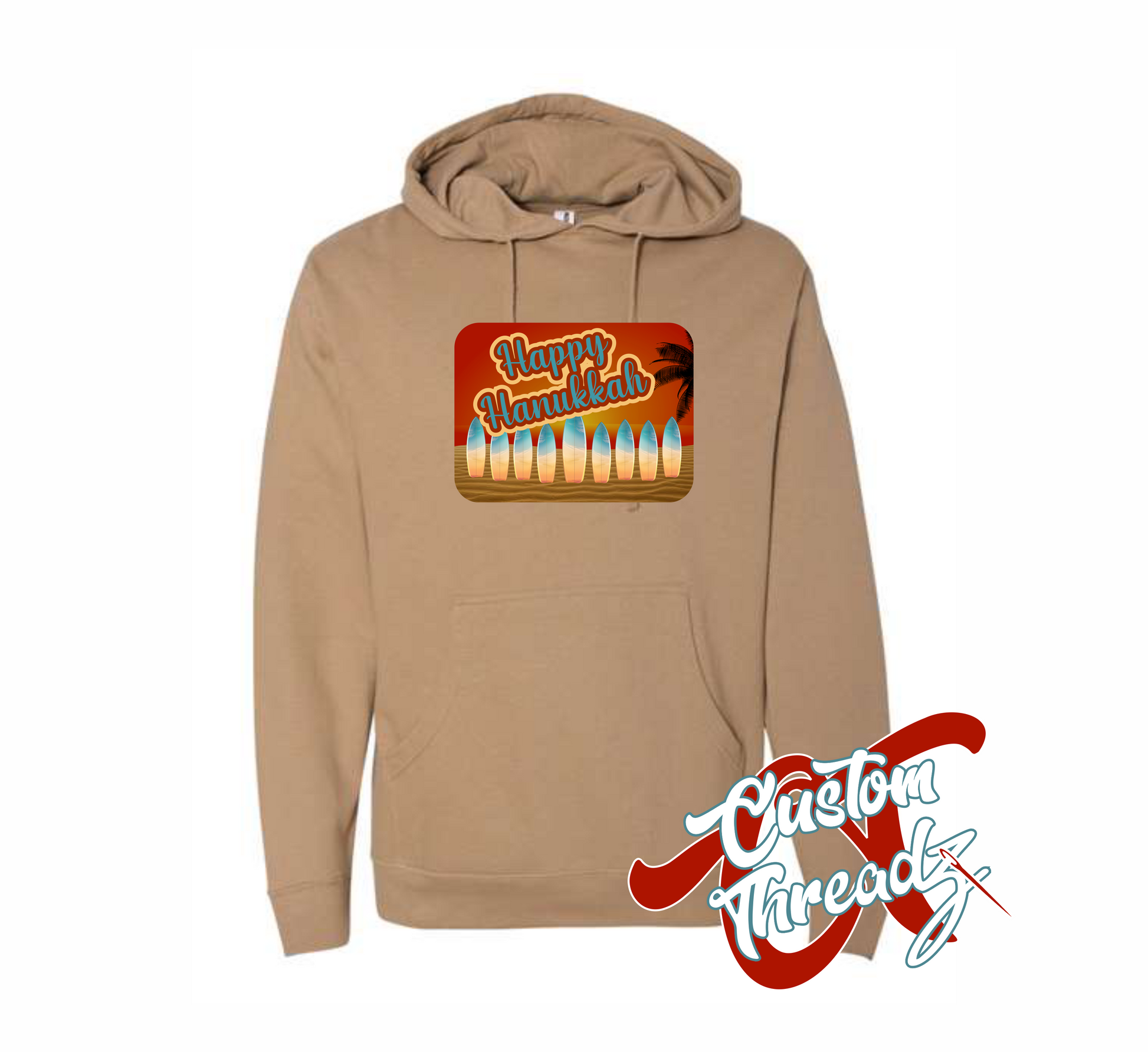 sandstone hoodie with hanukkah postcard menorah made out of surfboards on the beach at sunset DTG printed design