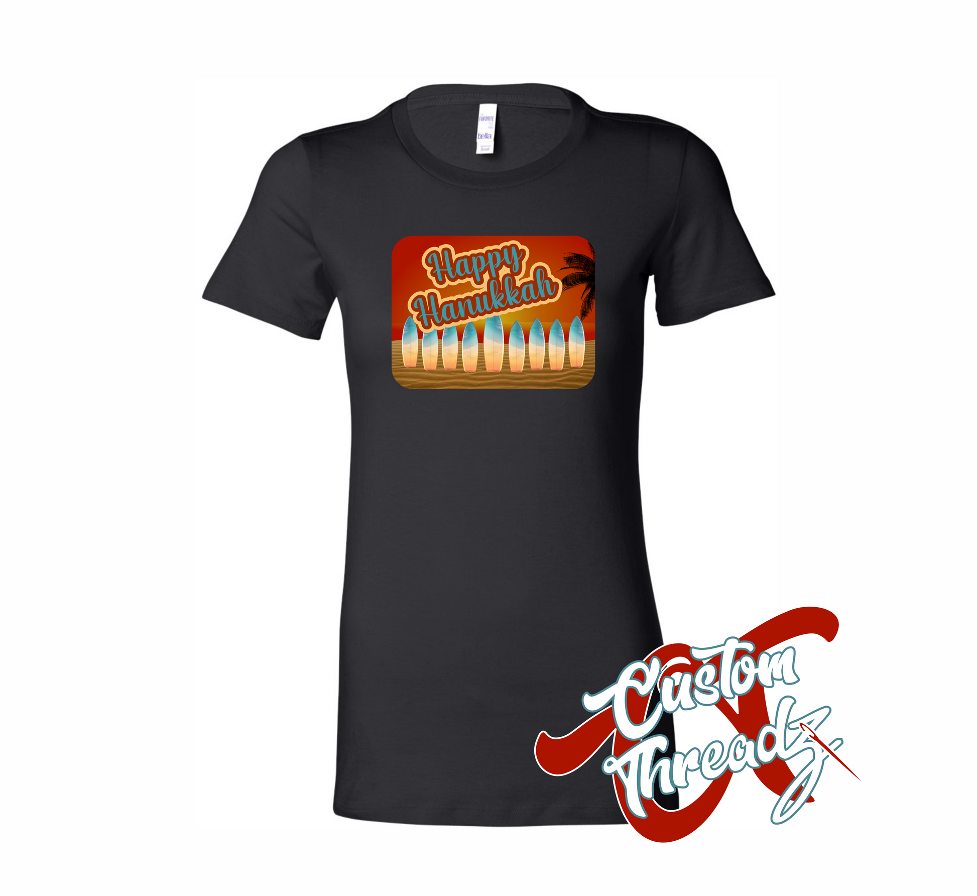 women's black t-shirt with hanukkah postcard menorah made out of surfboards on the beach at sunset DTG printed design