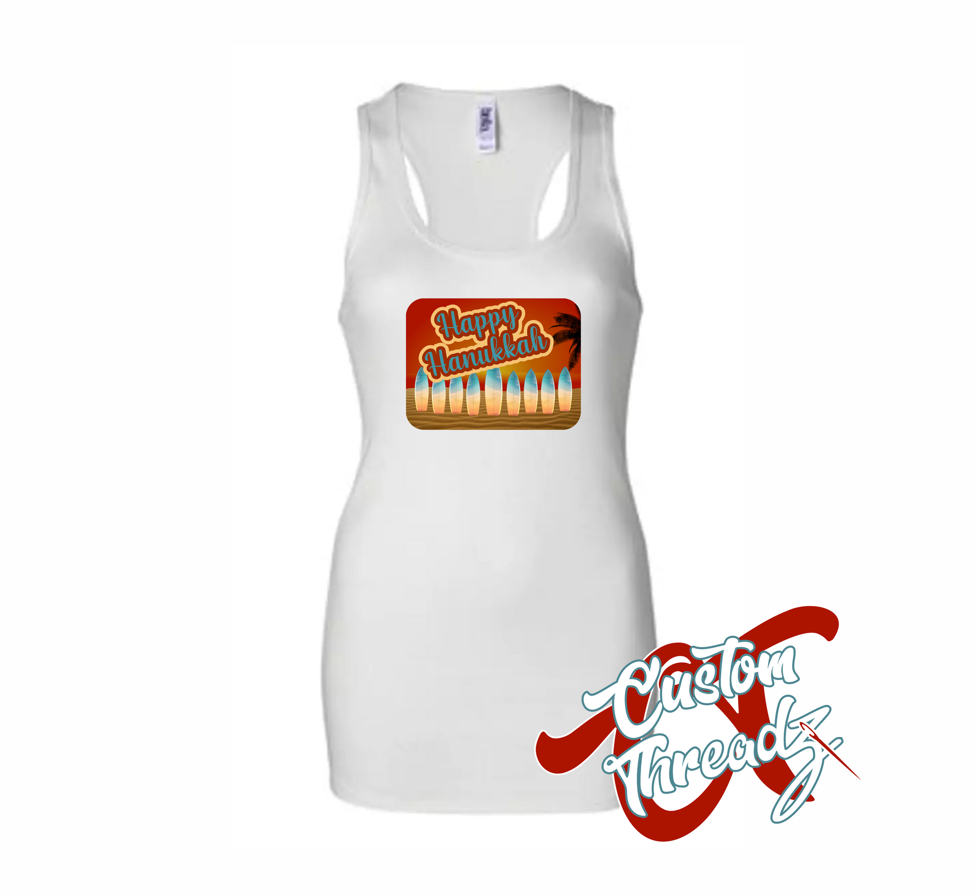women's white tank top with hanukkah postcard menorah made out of surfboards on the beach at sunset DTG printed design