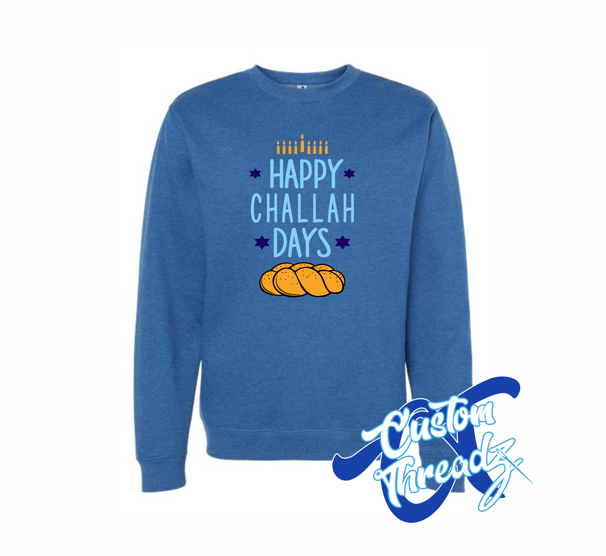royal crewneck sweatshirt with happy challah days challah bread DTG printed design