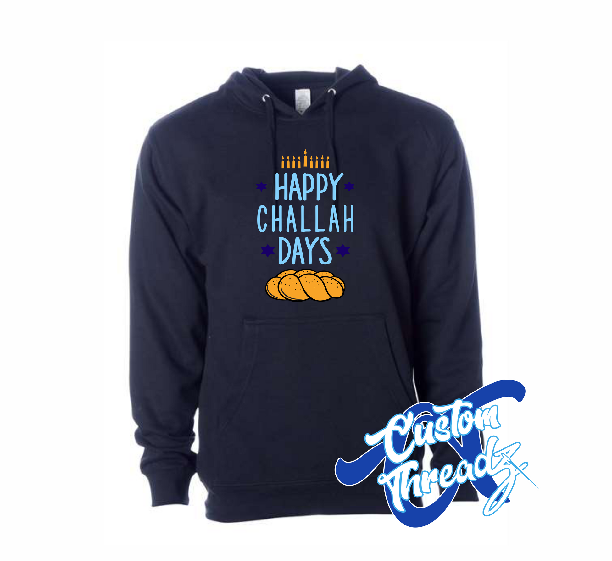 navy hoodie with happy challah days challah bread DTG printed design
