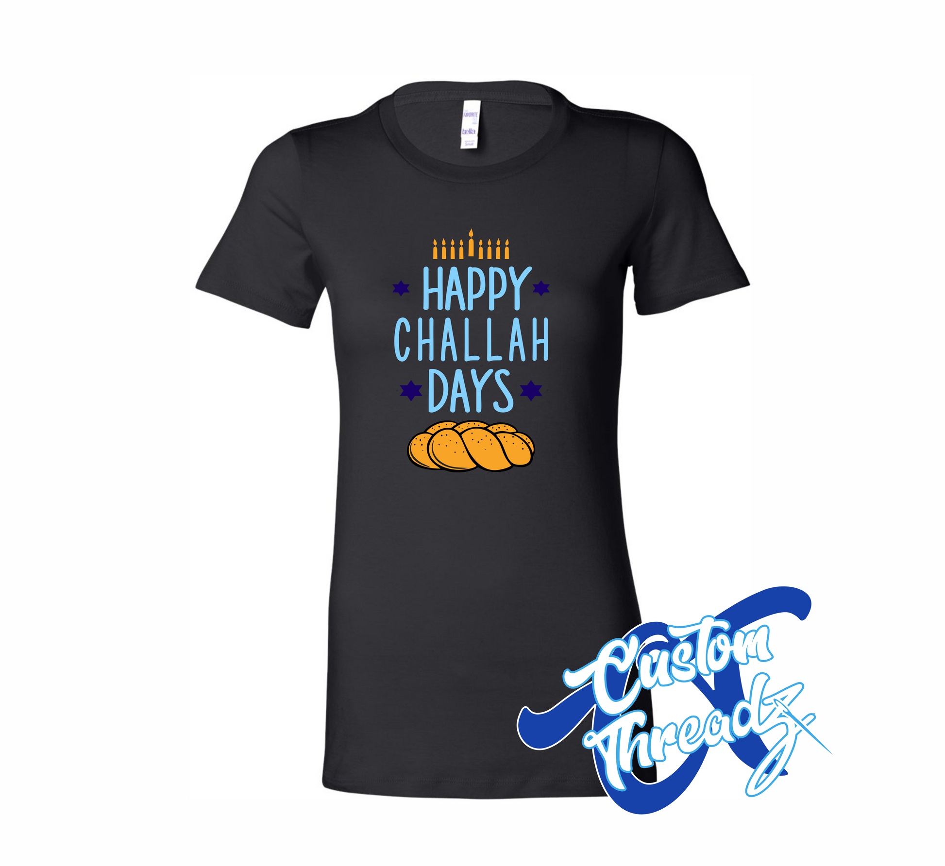 women's black t-shirt with happy challah days challah bread DTG printed design