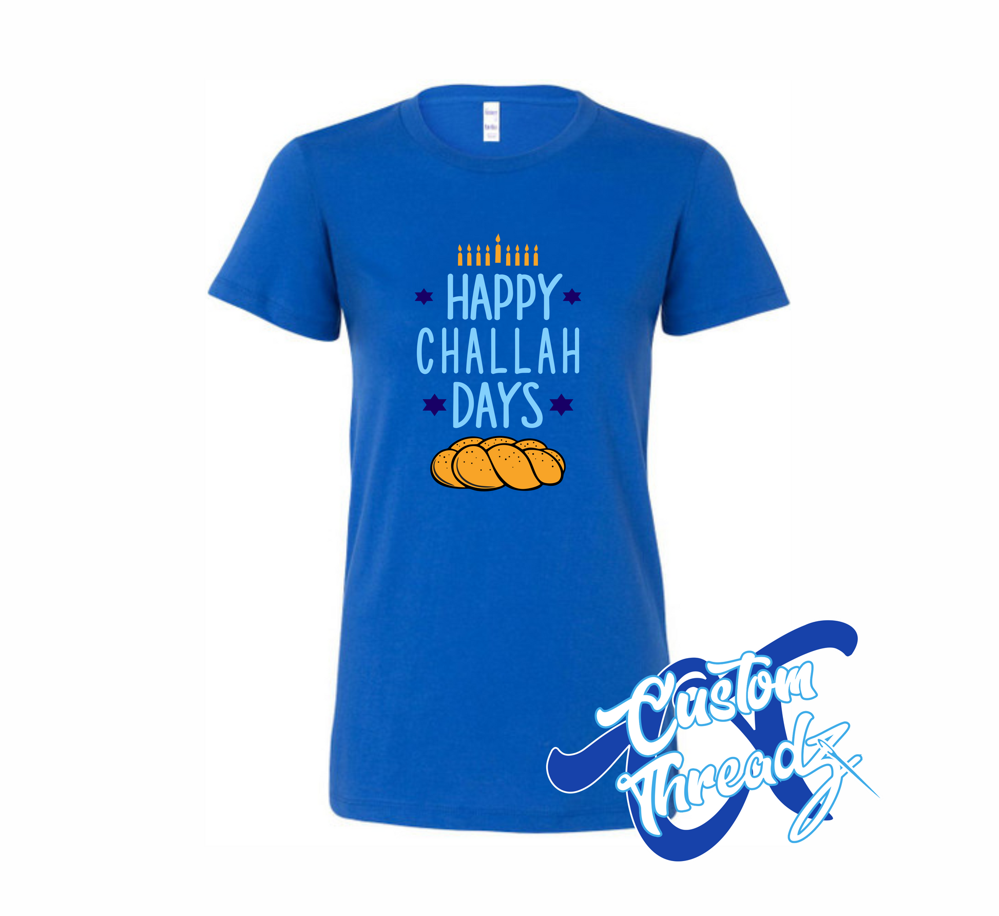 royal women's t-shirt with happy challah days challah bread DTG printed design