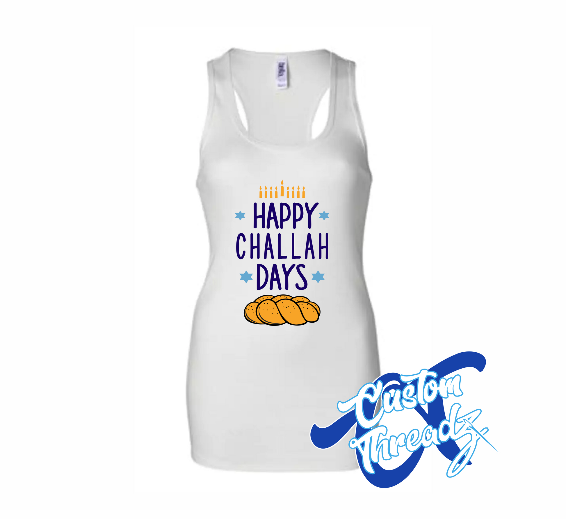 women's white tank top with happy challah days challah bread DTG printed design