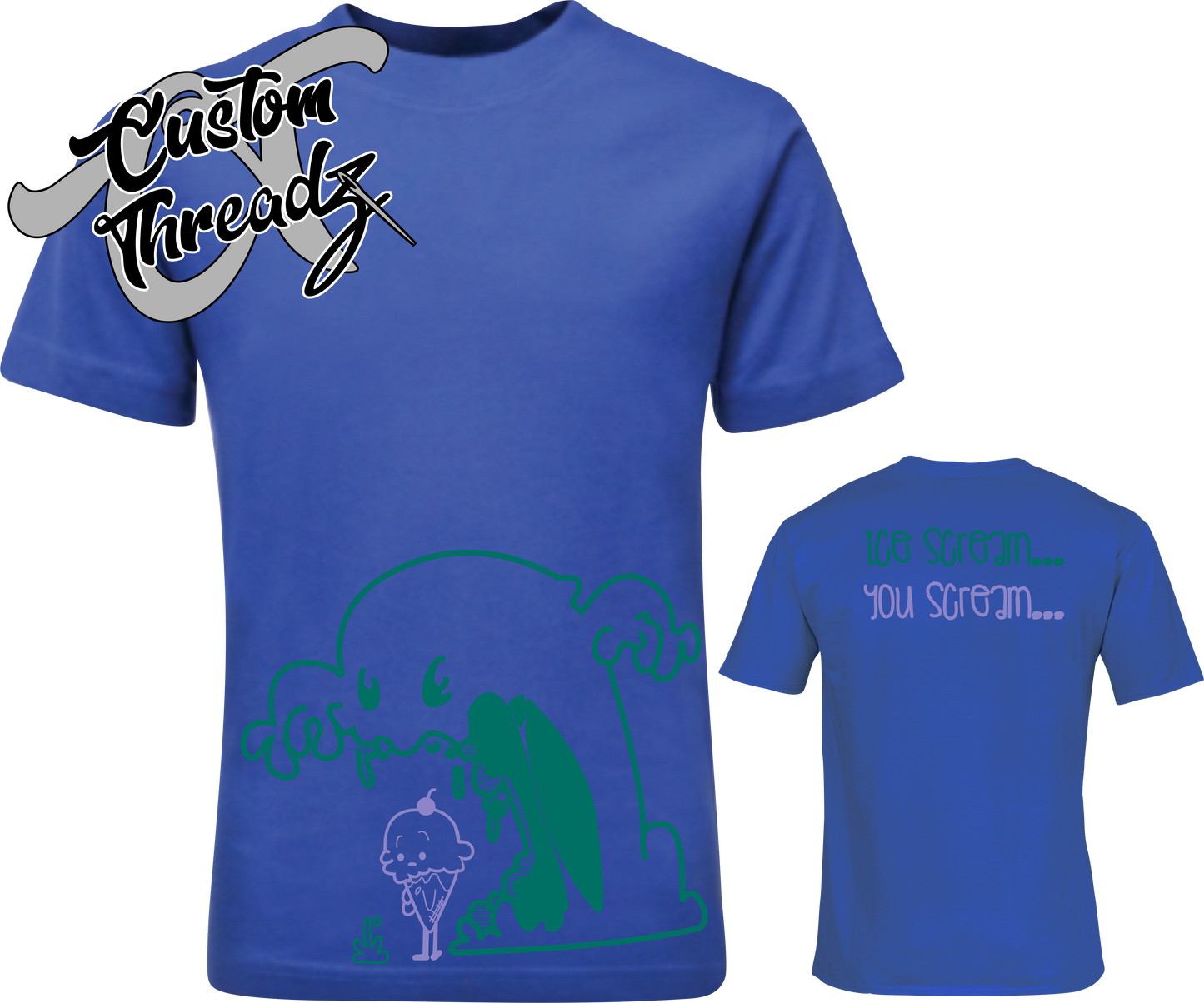 royal blue tee with ice cream you scream ice cream monster DTG printed design