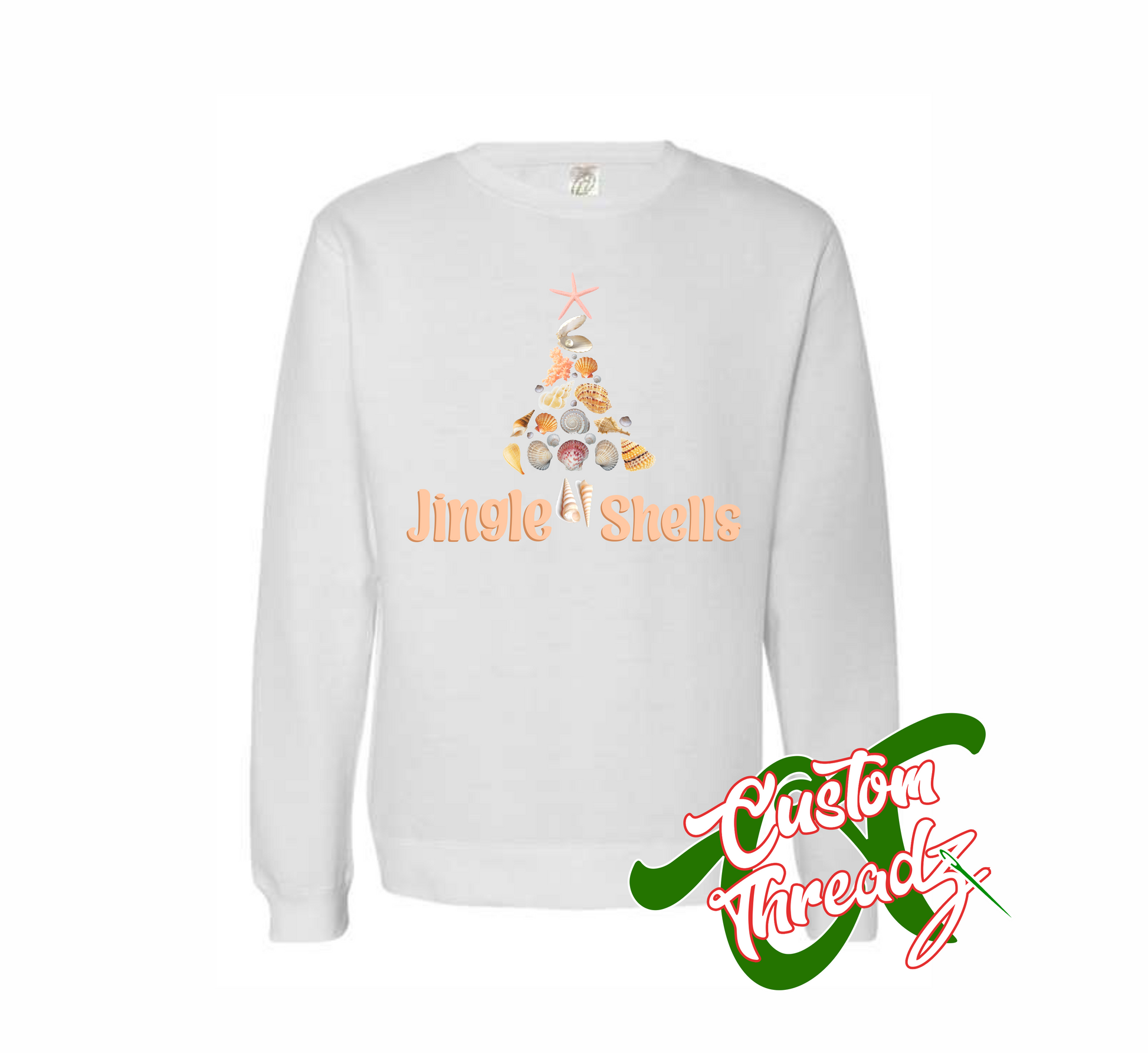 white crewneck sweatshirt with jingle shells christmas tree made out of shells DTG printed design